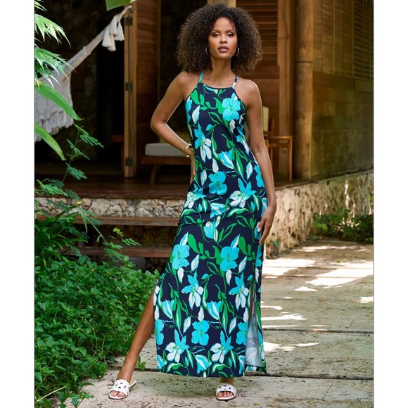 Boston Proper Dresses & Skirts - Boston Proper Beyond Travel Summer Lilies Navy Print High Neck Maxi Dress Blue M